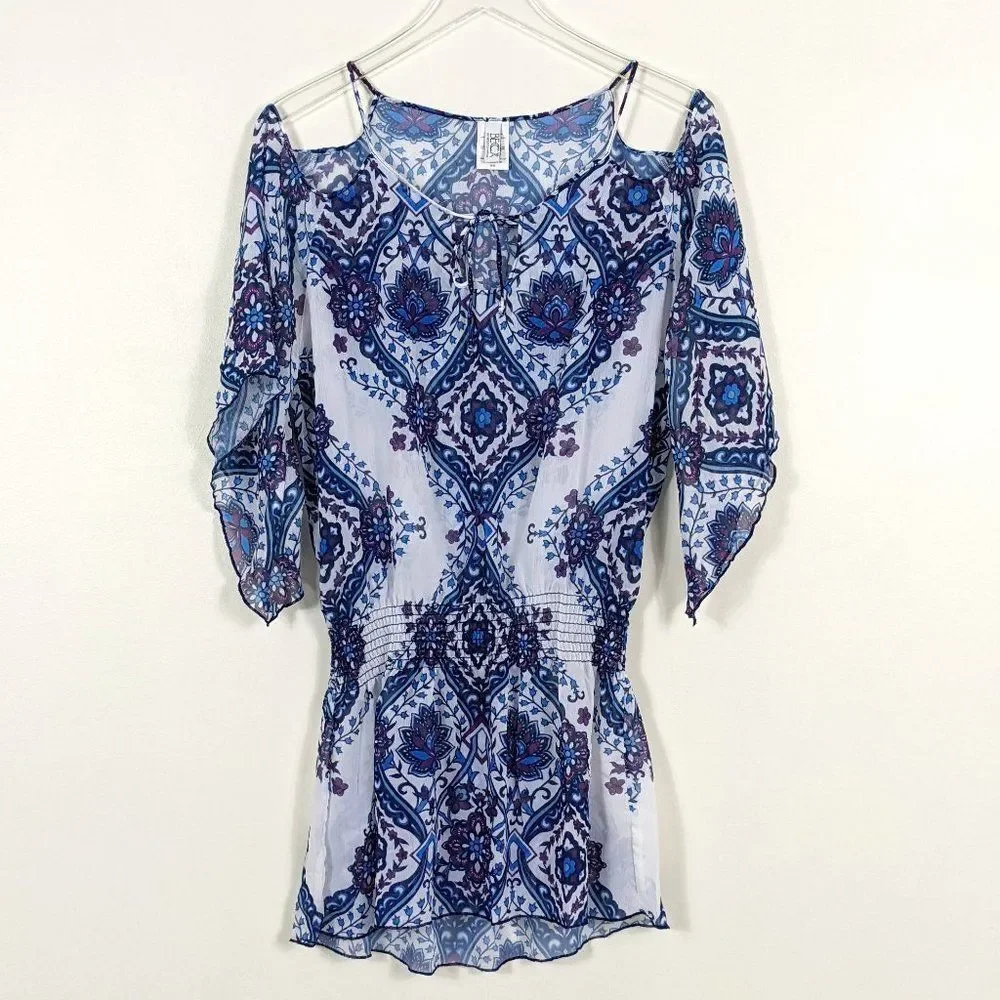Becca by Rebecca Virtue Swimsuit Cover-Up Blue White Sheer Lotus Flower Medium
